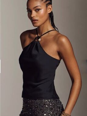Anthropologie Black Satin One-Shoulder Halter Top with Ring Detail